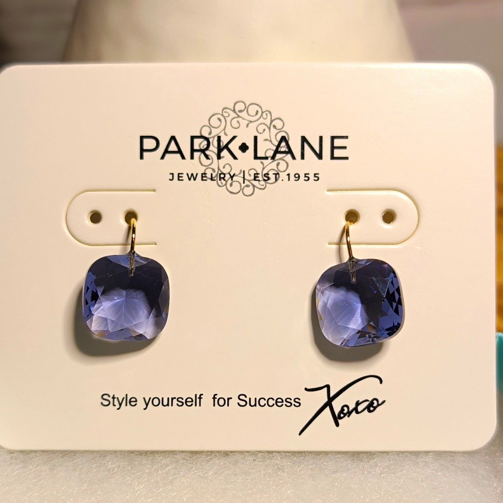 Park Lane Dangle/Drop Hook Earrings Blue/Purple Cushion Cut Crystal Bezel Set
